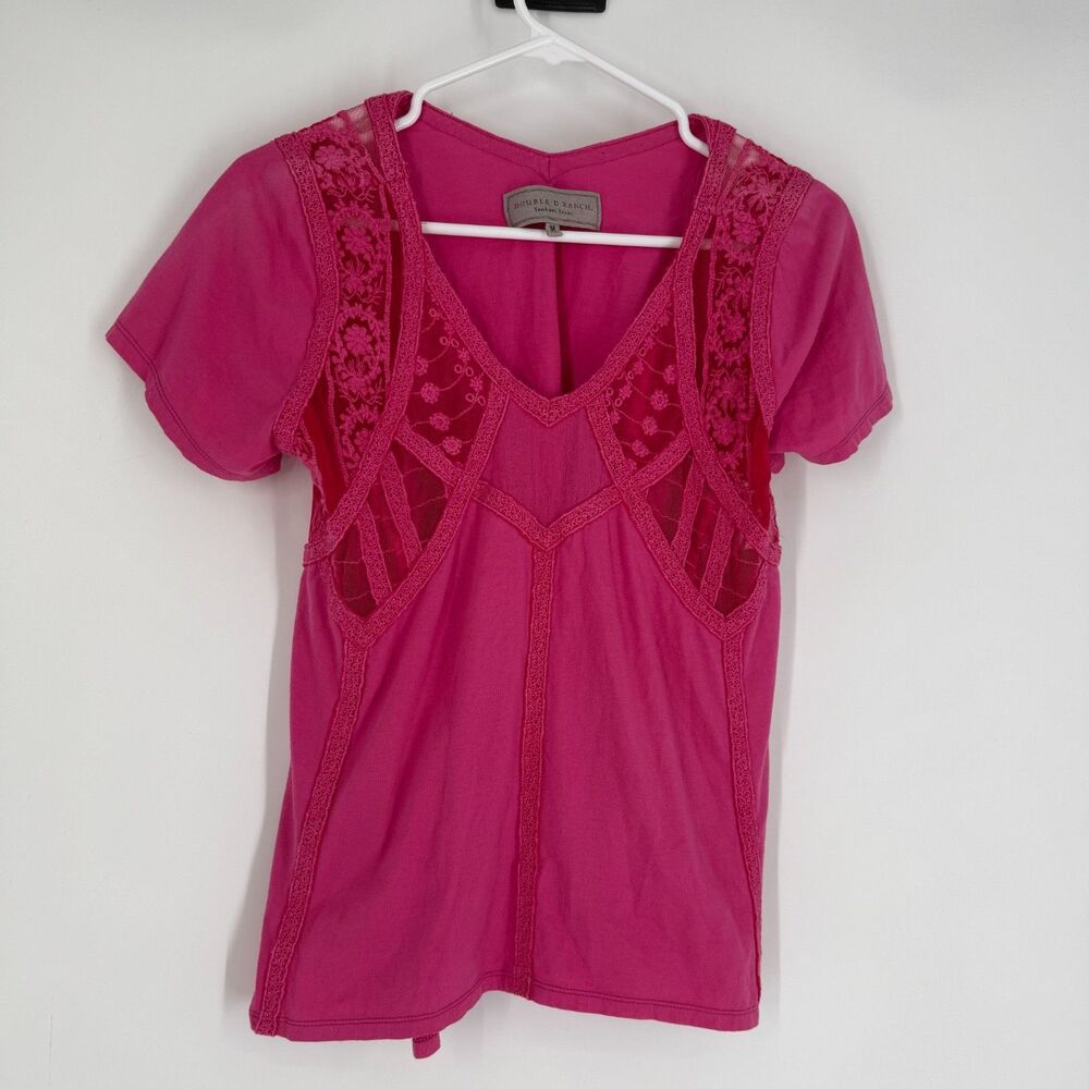 Double D Ranchwear Tee Shirt Lace Sheer Western Cowgirl Boho Pink Size M